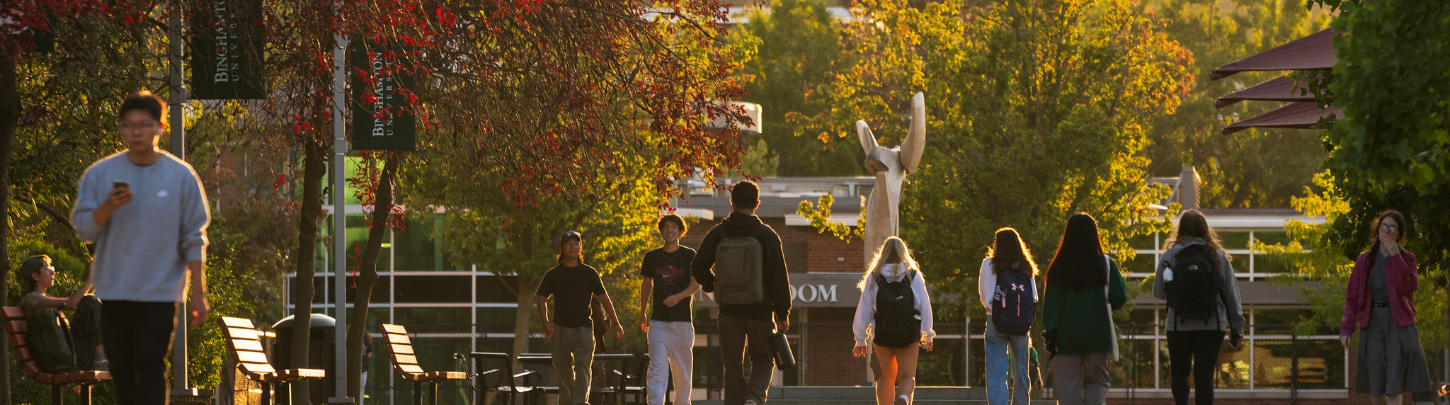 A photograph of students walking down a sidewalk on an autumn day.