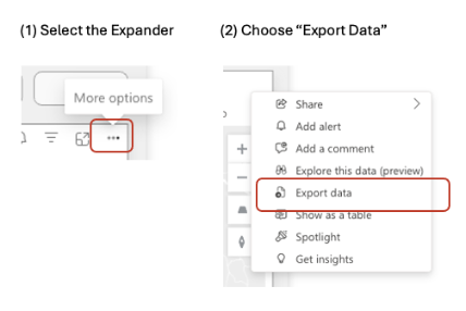 A screenshot of a Power BI data export menu.